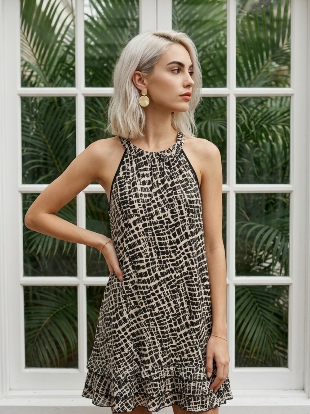 Dress Barn Collection 2X Black White Abstract Sleeveless Ruffle Hem Dress